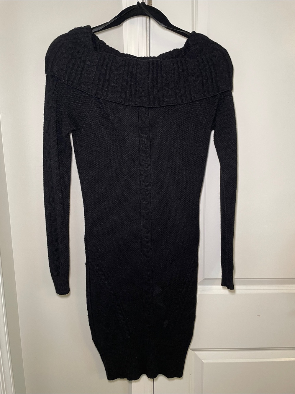 bebe Black Off-Shoulder Cable-Knit Long Sleeve Sweater Dress